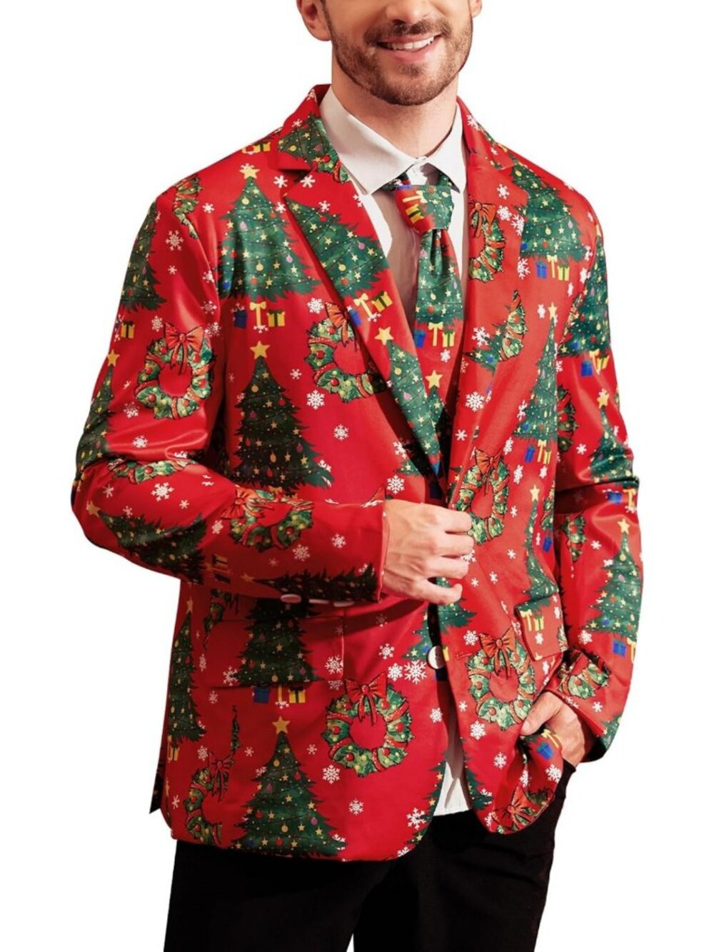 Festive Men's Christmas Blazer with Tie - Ugly X-Mas Party Jacket (S-XXL)